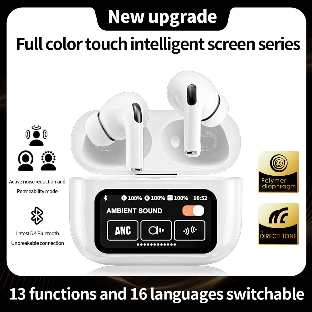 Noise Cancelling Bluetooth Earbuds with Big Touch Intellignet Screen Charging Case, White