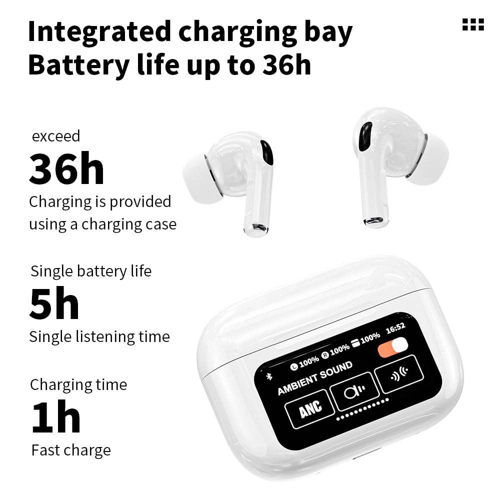Noise Cancelling Bluetooth Earbuds with Big Touch Intellignet Screen Charging Case, White