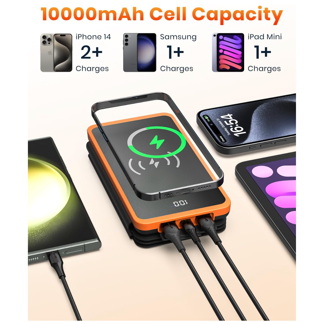 Power Bank Wireless Charger 10000mAh Built in 3 Solar Panels Three Outputs 15W Fast Charging Solar Charger