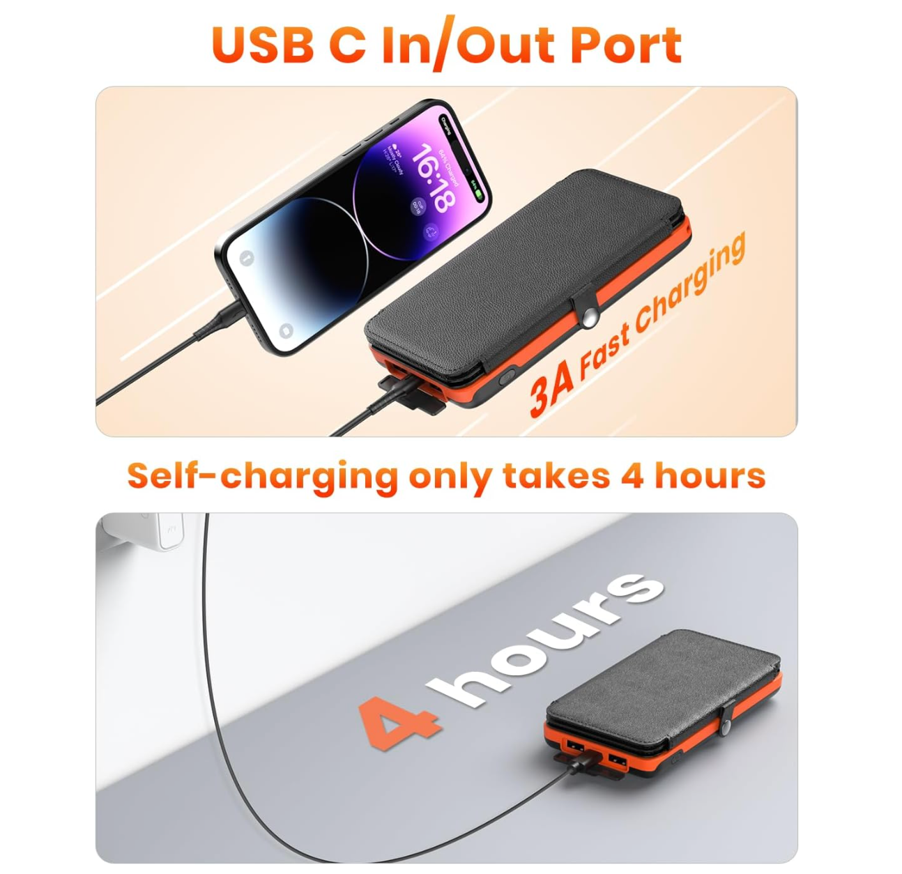 Power Bank Wireless Charger 10000mAh Built in 3 Solar Panels Three Outputs 15W Fast Charging Solar Charger