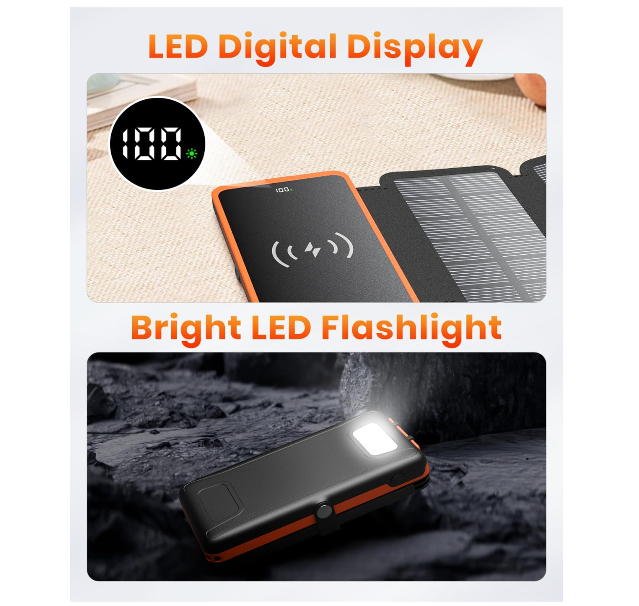Power Bank Wireless Charger 10000mAh Built in 3 Solar Panels Three Outputs 15W Fast Charging Solar Charger