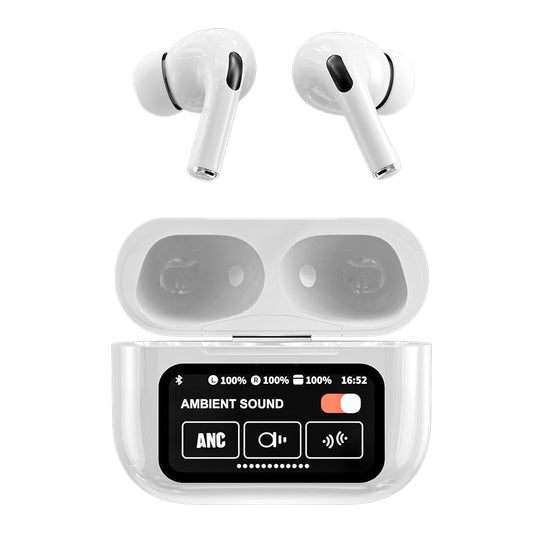 Noise Cancelling Bluetooth Earbuds with Big Touch Intellignet Screen Charging Case, White