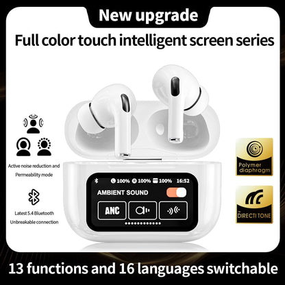 Noise Cancelling Bluetooth Earbuds with Big Touch Intellignet Screen Charging Case, White