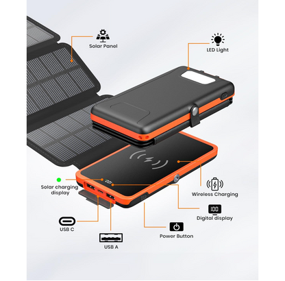 Power Bank Wireless Charger 10000mAh Built in 3 Solar Panels Three Outputs 15W Fast Charging Solar Charger